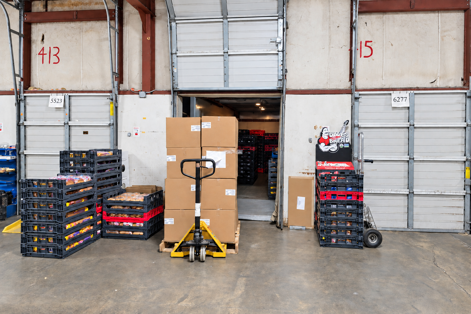 Pallet of boxed products with a yellow manual pallet jack at the Greenville warehouse loading doors